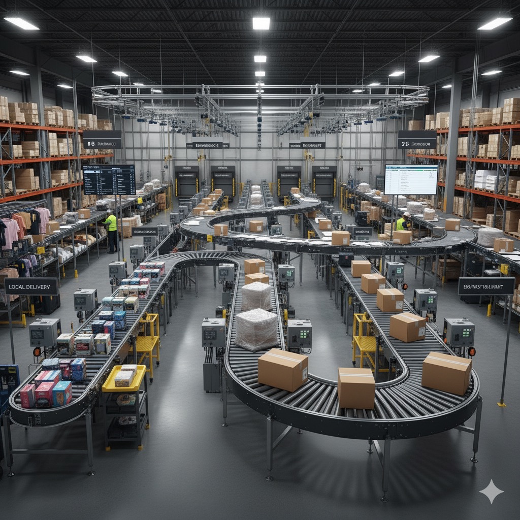 Prep-Trax.ai warehouse operations floor showing organized aisles and conveyor system